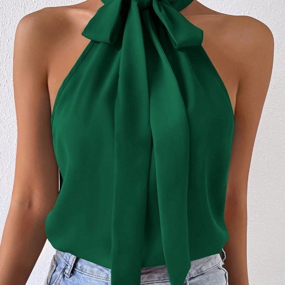 Preppy Tie Neck Halter Top Green - Picture 3 of 5